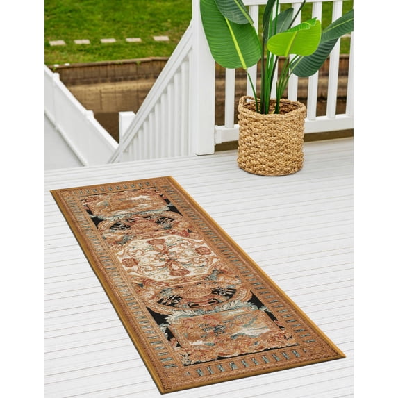 Unique Loom Outdoor Traditional Collection Area Rug - Royal (2' x 6' 1" Runner Black Gold Brown/Red)