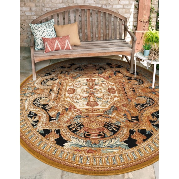 Unique Loom Outdoor Traditional Collection Area Rug - Royal (5' 3" Round Black Gold Brown/Red)