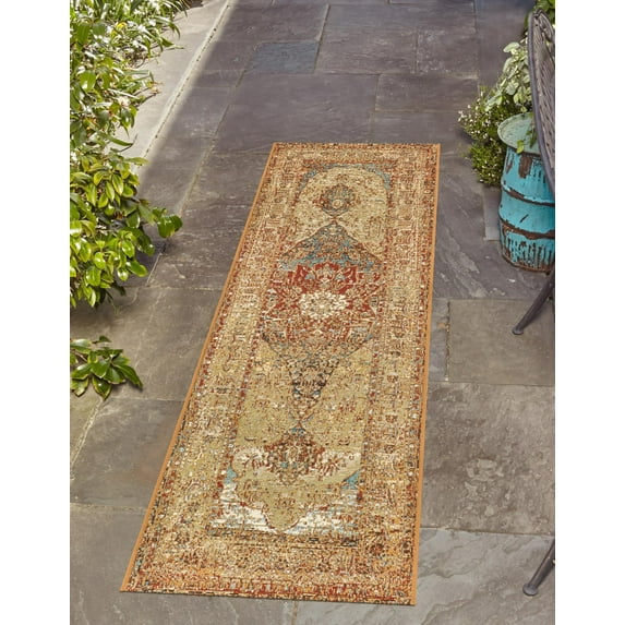 Unique Loom Outdoor Traditional Collection Area Rug - Temple (2' 7" x 12' Runner Blue and Light Brown/Brown)