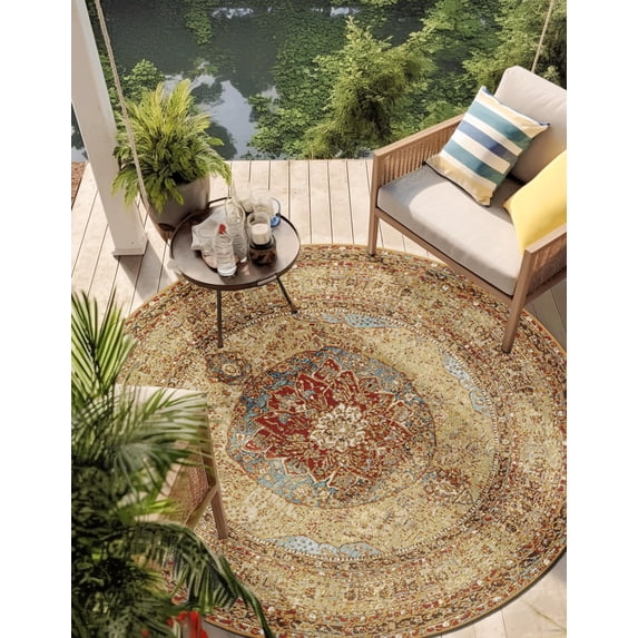 Unique Loom Outdoor Traditional Collection Area Rug - Temple (5' 3" Round Blue and Light Brown/Brown)
