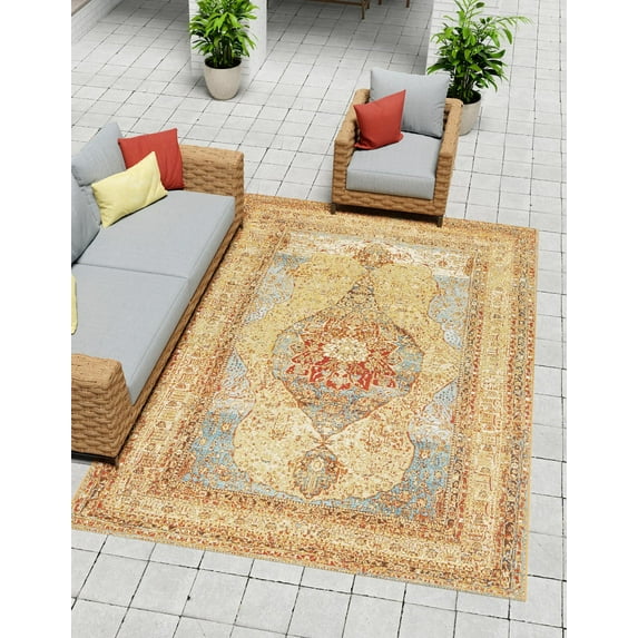 Unique Loom Outdoor Traditional Collection Area Rug - Temple (5' 3" x 7' 1" Rectangle Blue and Light Brown/Brown)