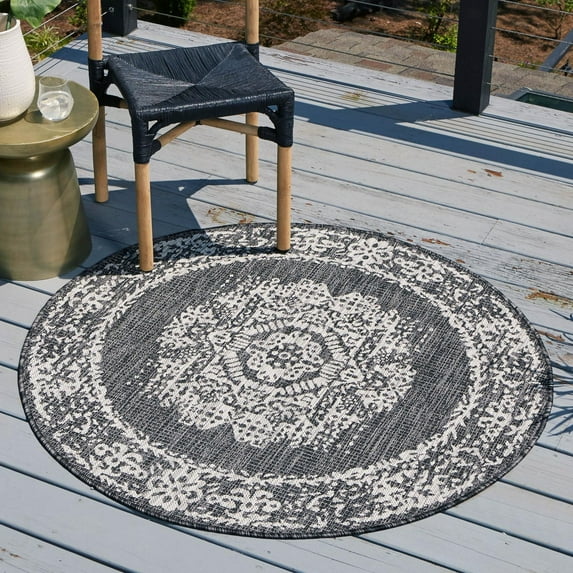 Unique Loom Outdoor Traditional Collection Area Rug - Timeworn (10' Round Charcoal Gray/Gray)