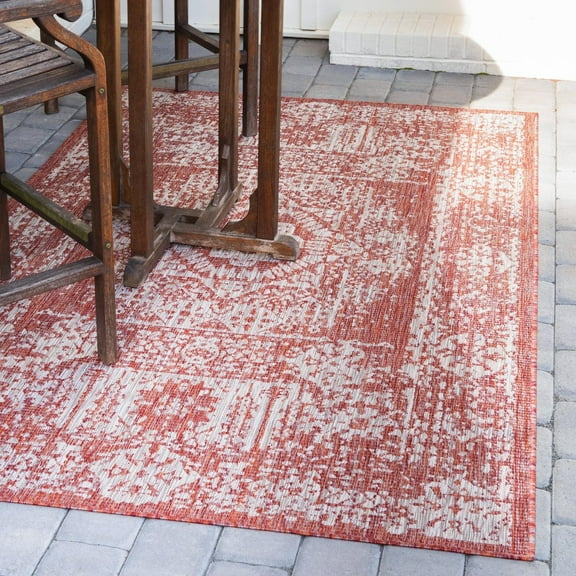 Unique Loom Outdoor Traditional Collection Area Rug - Timeworn (2' x 3' 1" Rectangle Rust Red/Gray)