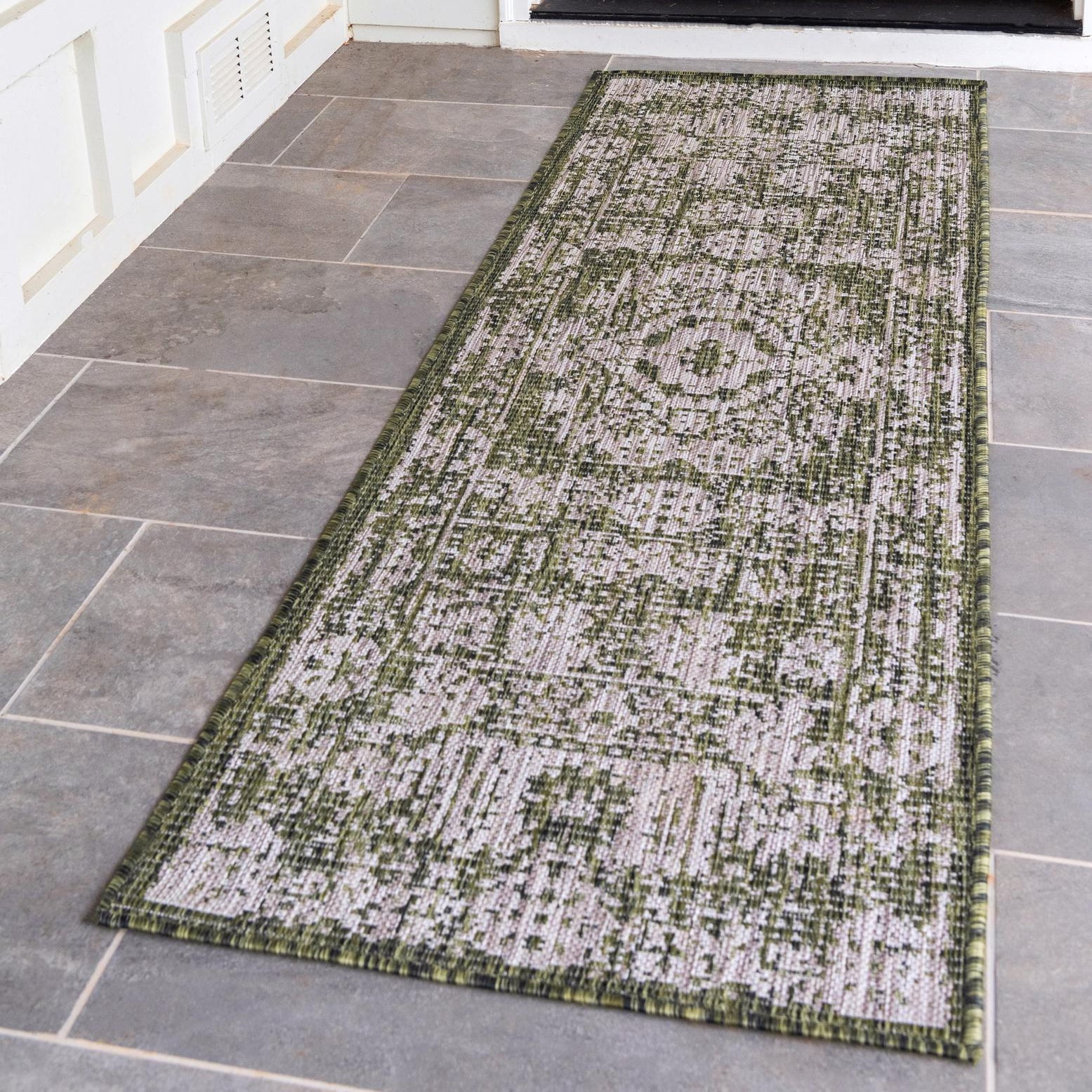 Green and Ivory Flat Woven Outdoor Runner Rug