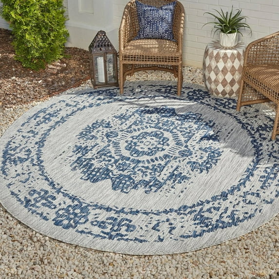 Unique Loom Outdoor Traditional Collection Area Rug - Timeworn (4' 1" Round Blue/Gray)