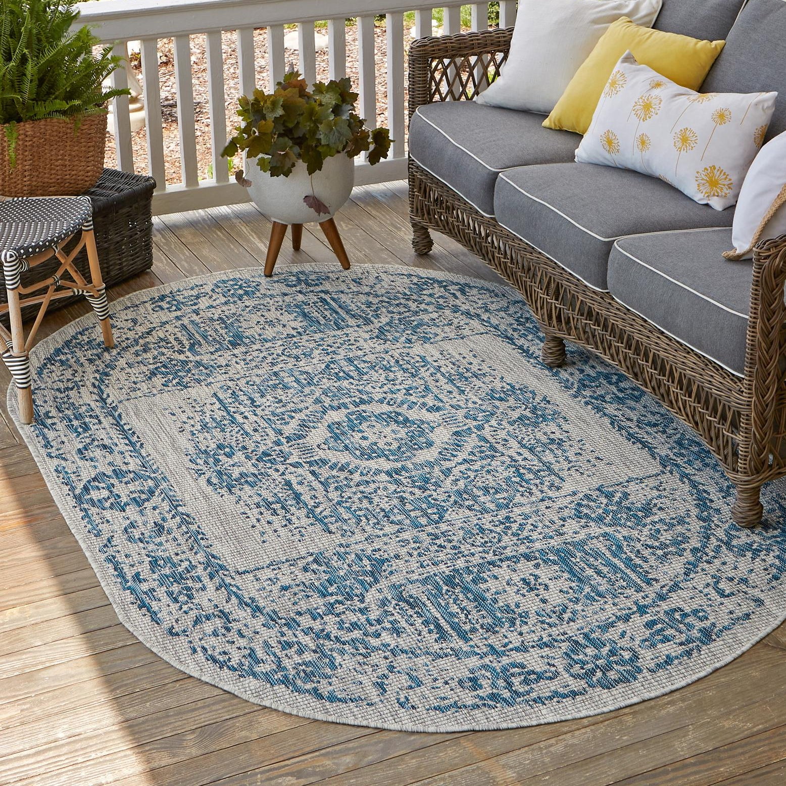 Blue Oval Synthetic Outdoor Traditional Rug