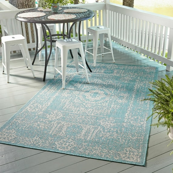 Unique Loom Outdoor Traditional Collection Area Rug - Timeworn (6' 1" x 9' Rectangle Light Aqua/Gray)