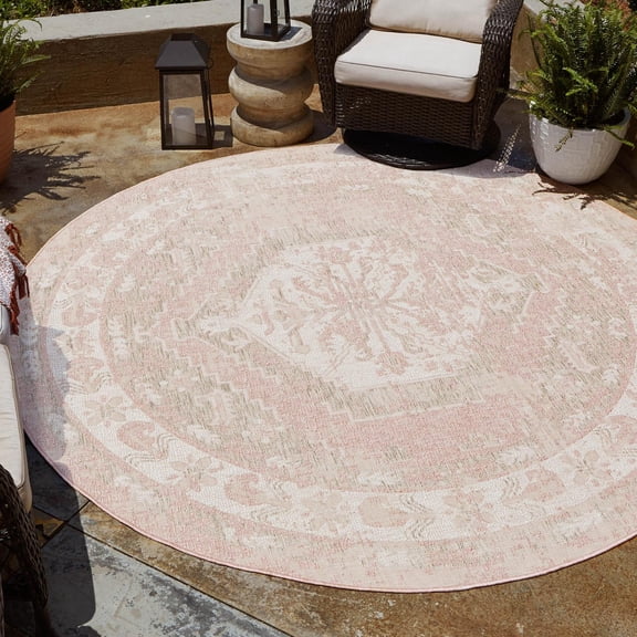 Unique Loom Outdoor Traditional Collection Area Rug - Valeria (10' Round Pink/Ivory)