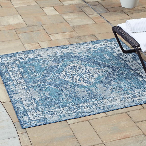 Unique Loom Outdoor Traditional Collection Area Rug - Valeria (10' Square Blue/Ivory)