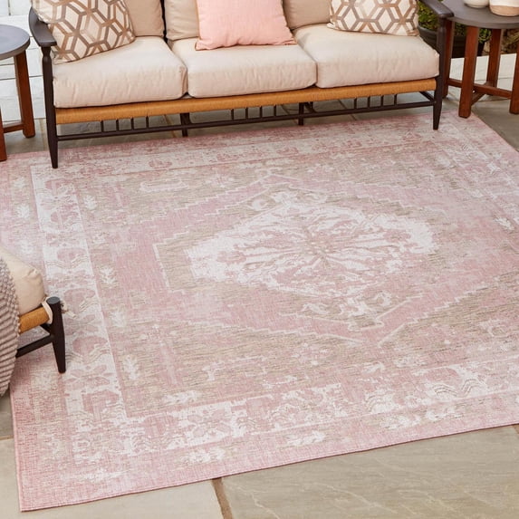 Unique Loom Outdoor Traditional Collection Area Rug - Valeria (10' Square Pink/Ivory)
