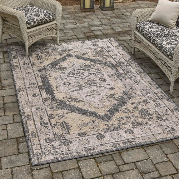 Unique Loom Outdoor Traditional Collection Area Rug - Valeria (10' x 13' 1" Rectangle Charcoal/Natural)