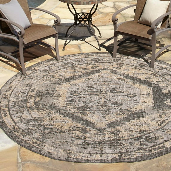 Unique Loom Outdoor Traditional Collection Area Rug - Valeria (3' 1" Round Charcoal/Natural)