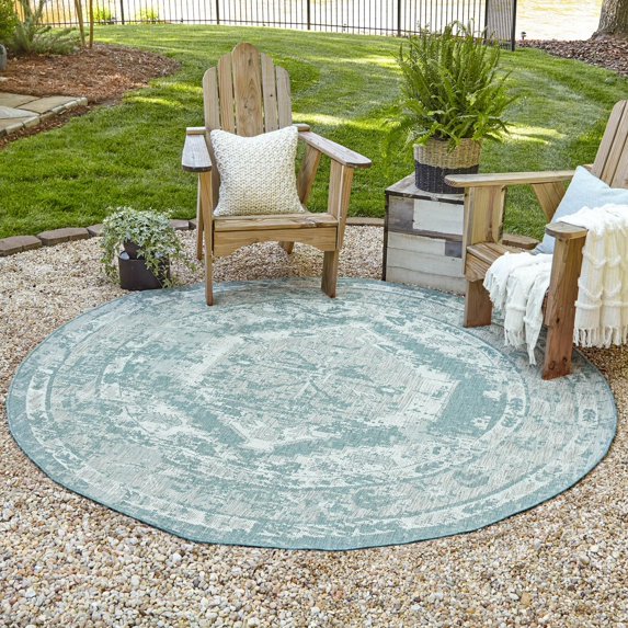 Unique Loom Outdoor Traditional Collection Area Rug - Valeria (4' 1" Round Aqua/Ivory)