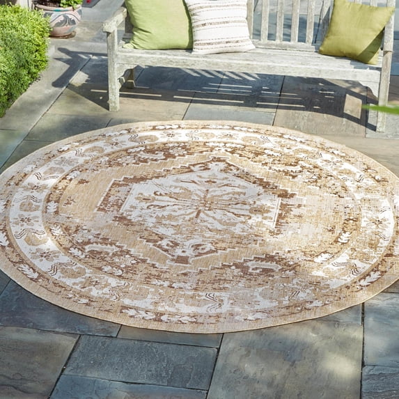 Unique Loom Outdoor Traditional Collection Area Rug - Valeria (4' 1" Round Natural/Ivory)