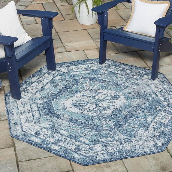 Unique Loom Outdoor Traditional Collection Area Rug - Valeria (5' 3" Octagon Blue/Ivory)
