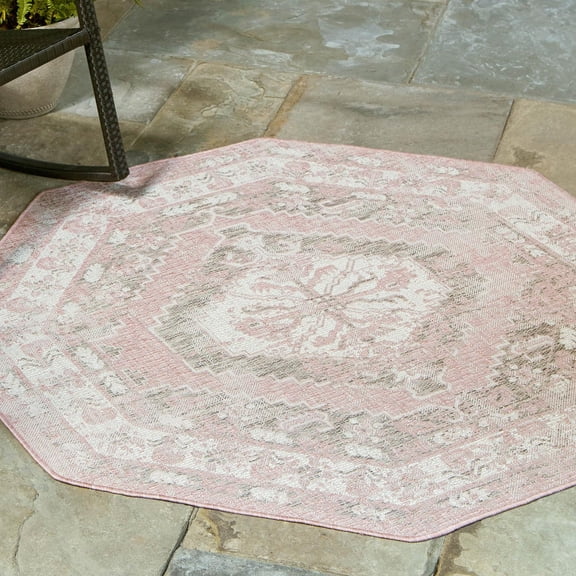 Unique Loom Outdoor Traditional Collection Area Rug - Valeria (5' 3" Octagon Pink/Ivory)