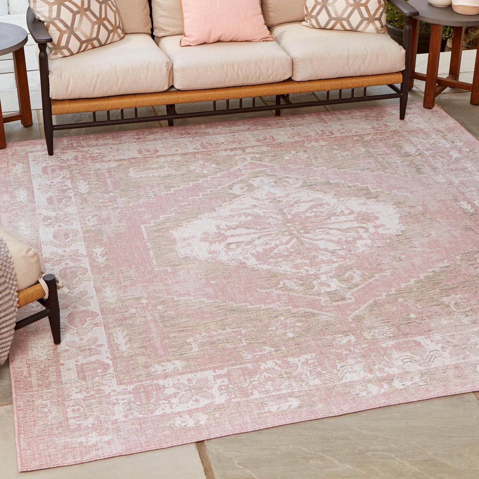 Pink Square Synthetic Outdoor Stain-Resistant Rug