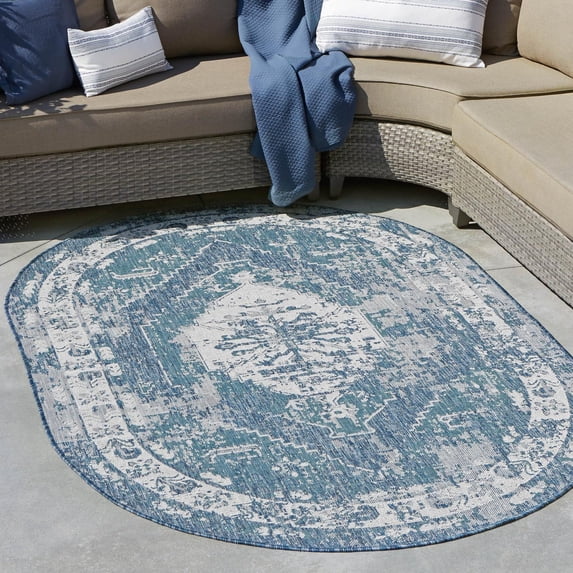 Unique Loom Outdoor Traditional Collection Area Rug - Valeria (5' 3" x 8' Oval Blue/Ivory)