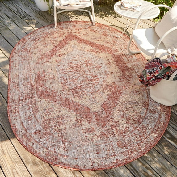 Unique Loom Outdoor Traditional Collection Area Rug - Valeria (5' 3" x 8' Oval Rust Red/Ivory)