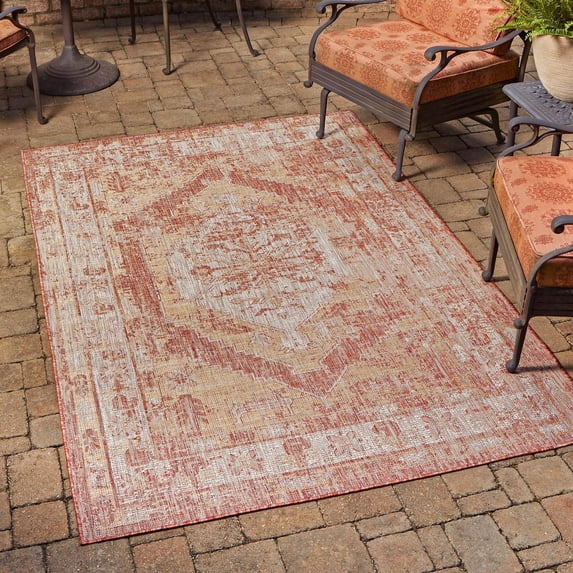 Unique Loom Outdoor Traditional Collection Area Rug - Valeria (5' 3" x 8' Rectangle Rust Red/Ivory)