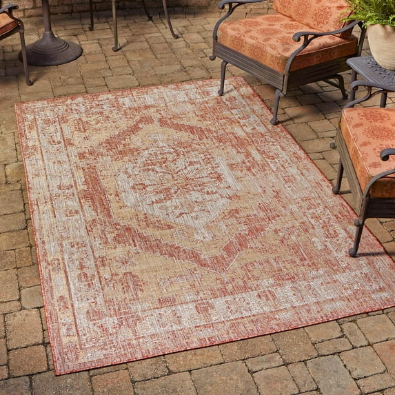 Unique Loom Outdoor Traditional Collection Area Rug - Valeria (7' 1" x 10' Rectangle Rust Red/Ivory)