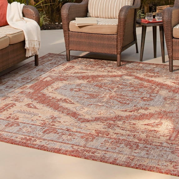 Unique Loom Outdoor Traditional Collection Area Rug - Valeria (7' 10" Square Rust Red/Ivory)