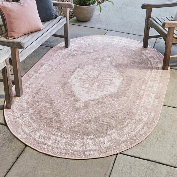 Unique Loom Outdoor Traditional Collection Area Rug - Valeria (7' 10" x 10' Oval Pink/Ivory)
