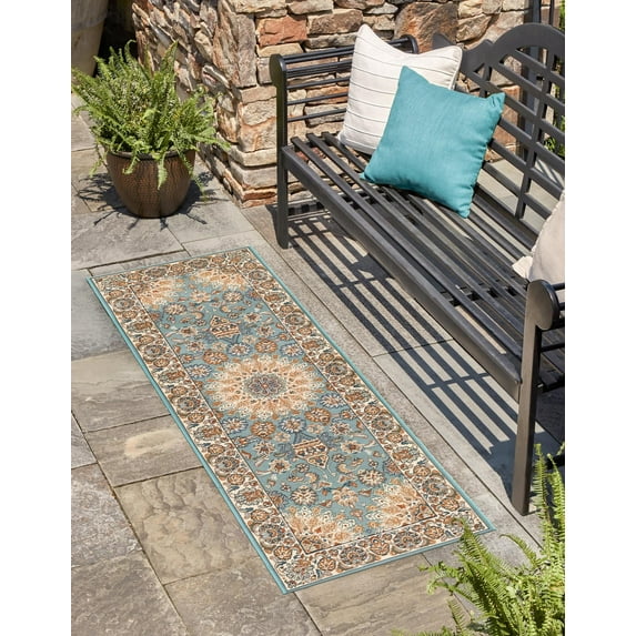 Unique Loom Outdoor Traditional Collection Area Rug - Wisdom (2' 7" x 10' Runner Blue/Ivory)
