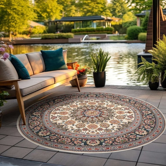 Unique Loom Outdoor Traditional Collection Area Rug - Wisdom (4' 1" Round Ivory/Red)