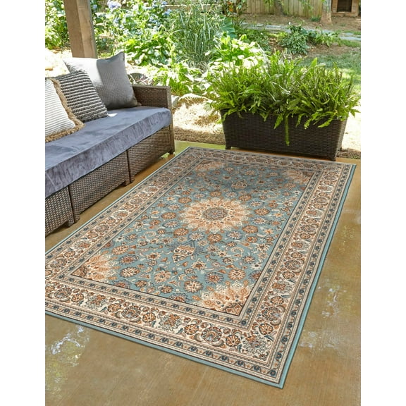 Unique Loom Outdoor Traditional Collection Area Rug - Wisdom (5' 3" x 8' Rectangle Blue/Ivory)