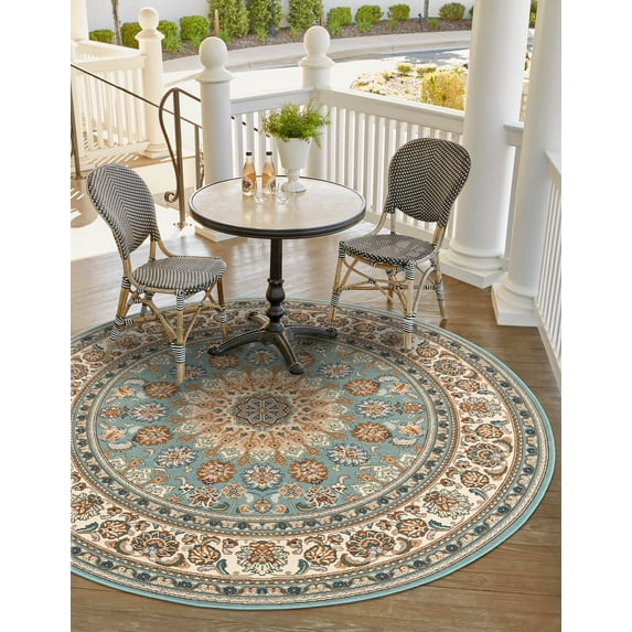 Unique Loom Outdoor Traditional Collection Area Rug - Wisdom (7' 10" Round Blue/Ivory)