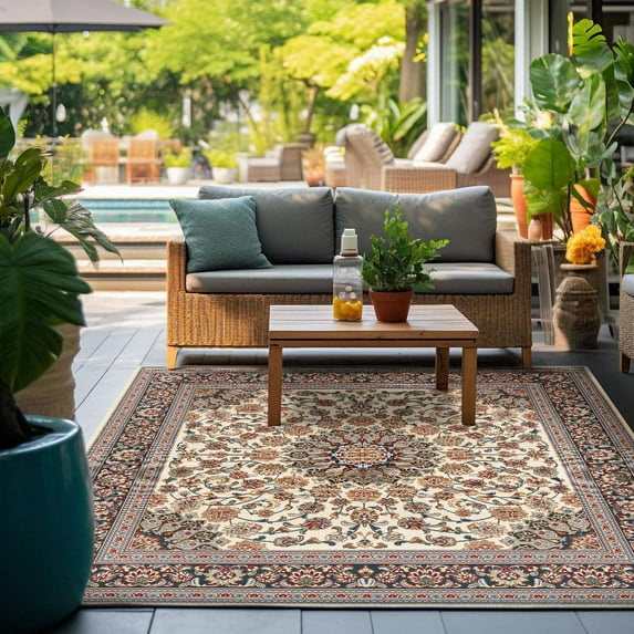 Unique Loom Outdoor Traditional Collection Area Rug - Wisdom (7' 10" Square Ivory/Red)