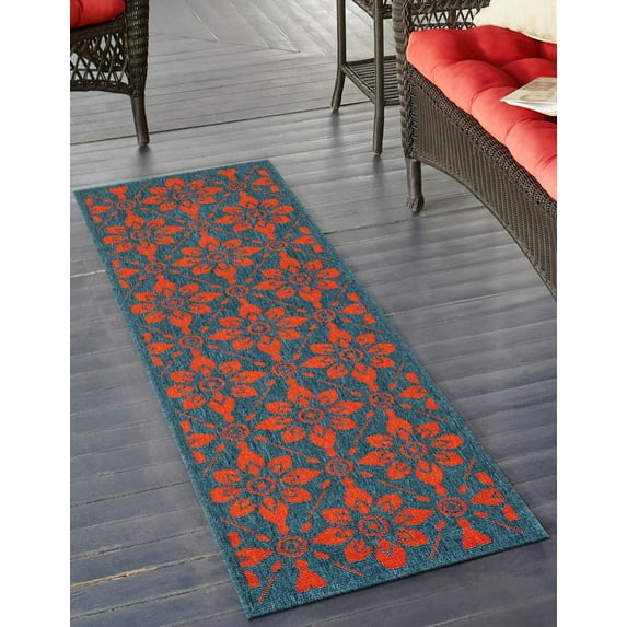 Unique Loom Outdoor Trellis Collection Area Rug - Tiles (2' 7" x 10' Runner Blue and Red)