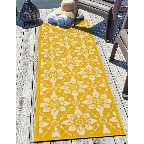 Unique Loom Outdoor Trellis Collection Area Rug - Tiles (2' 7" x 12' Runner Yellow/Ivory)