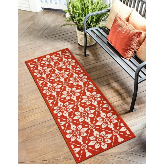 Unique Loom Outdoor Trellis Collection Area Rug - Tiles (2' x 5' 1" Runner Rust Red/Ivory)