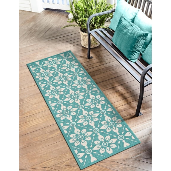 Unique Loom Outdoor Trellis Collection Area Rug - Tiles (2' x 5' 1" Runner Teal/Ivory)
