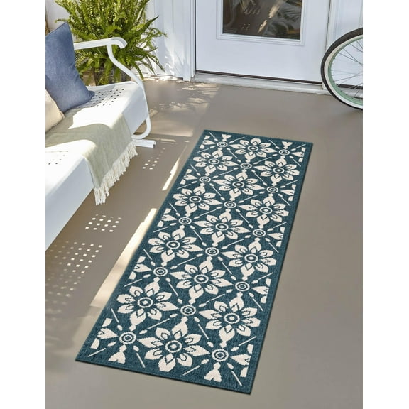 Unique Loom Outdoor Trellis Collection Area Rug - Tiles (2' x 6' 1" Runner Navy Blue/Ivory)