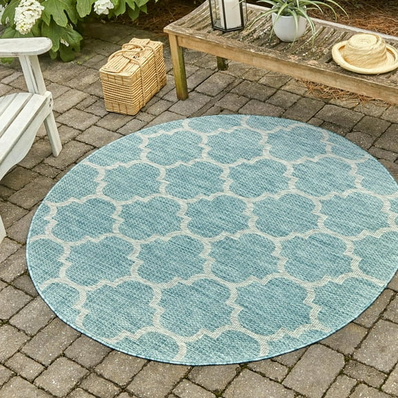 Unique Loom Outdoor Trellis Collection Area Rug (3' 1" Round Aquamarine/Gray)