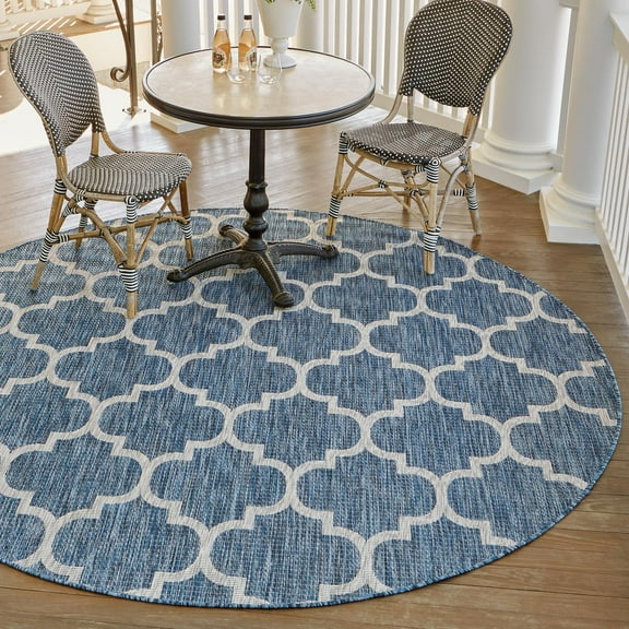 Unique Loom Outdoor Trellis Collection Area Rug (3' 1" Round Navy Blue/Ivory)