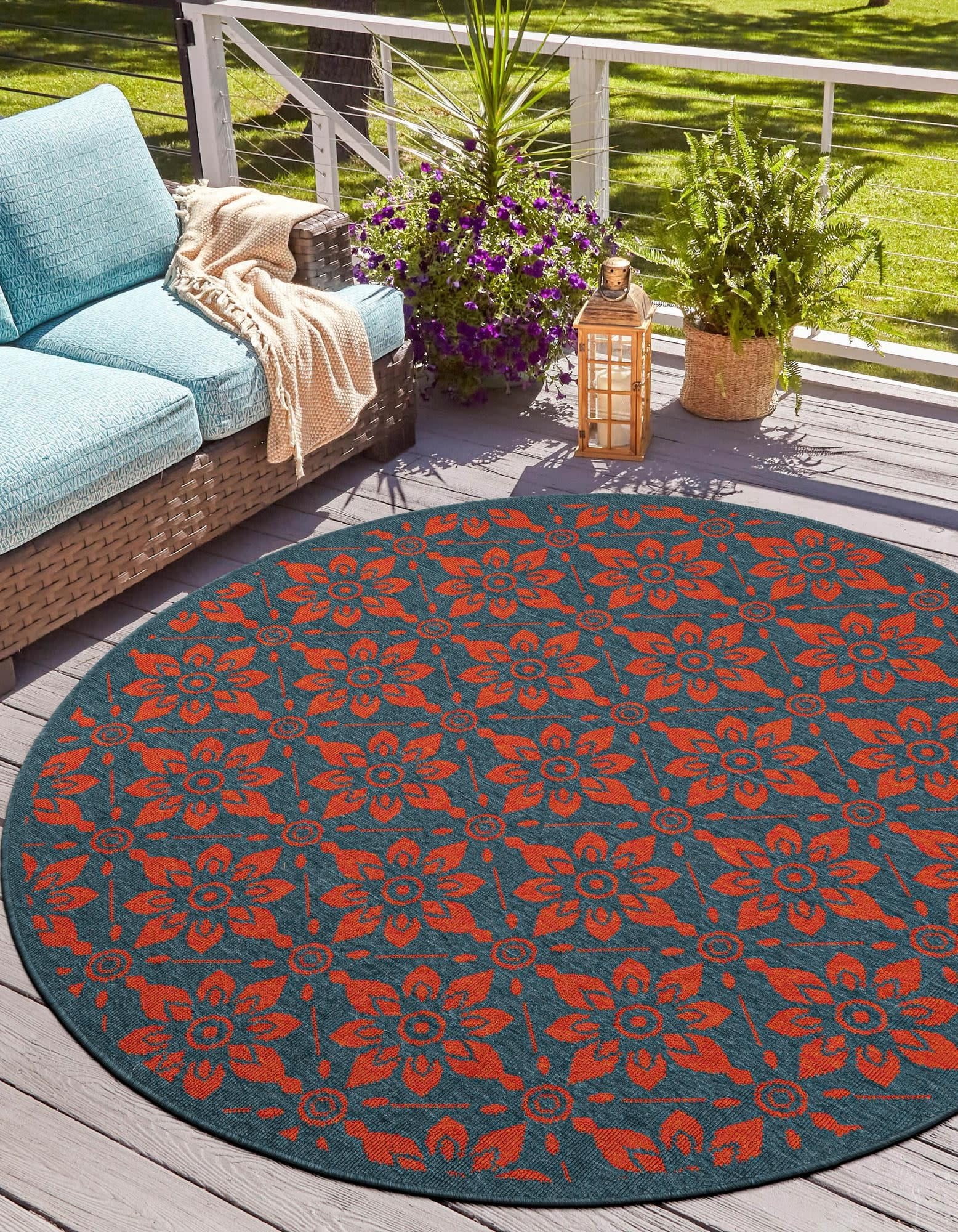 Unique Loom Outdoor Trellis Collection Area Rug - Tiles (4' 1" Round Blue and Red)