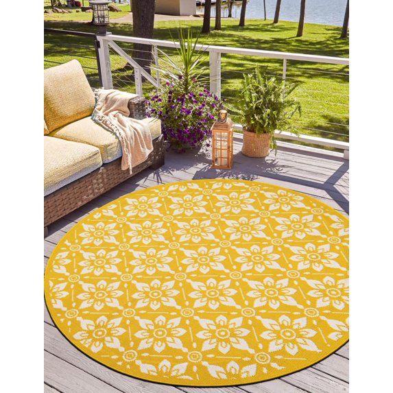 Unique Loom Outdoor Trellis Collection Area Rug - Tiles (4' 1" Round Yellow/Ivory)