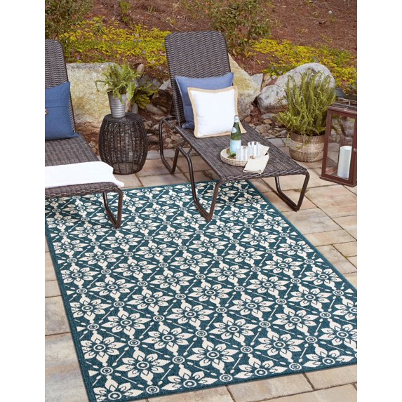 Unique Loom Outdoor Trellis Collection Area Rug - Tiles (4' 1" x 6' 1" Rectangle Navy Blue/Ivory)