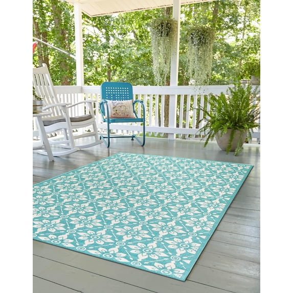 Unique Loom Outdoor Trellis Collection Area Rug - Tiles (4' 1" x 6' 1" Rectangle Teal/Ivory)