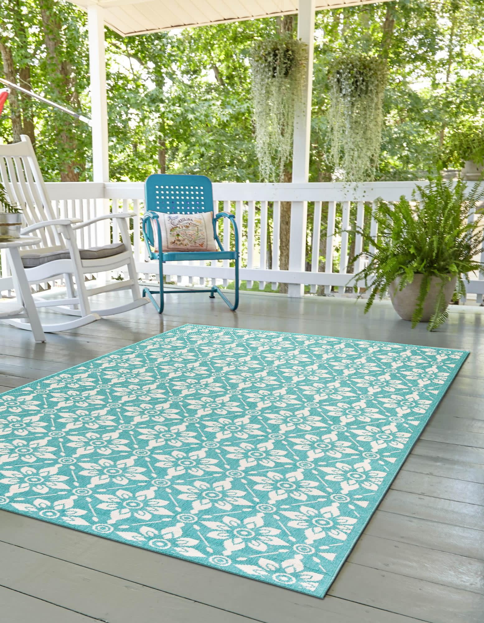 Teal Floral Flat Woven Stain-Resistant 4' x 6' Outdoor Rug