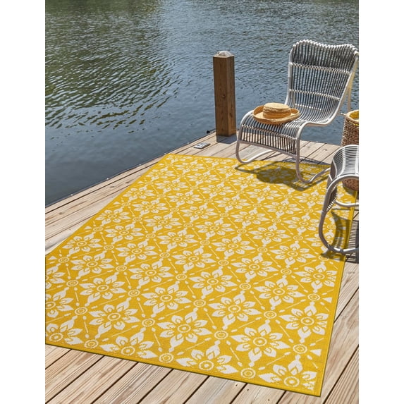 Unique Loom Outdoor Trellis Collection Area Rug - Tiles (4' 1" x 6' 1" Rectangle Yellow/Ivory)