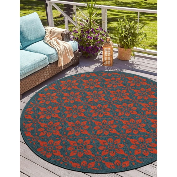 Unique Loom Outdoor Trellis Collection Area Rug - Tiles (5' 1" Round Blue and Red)