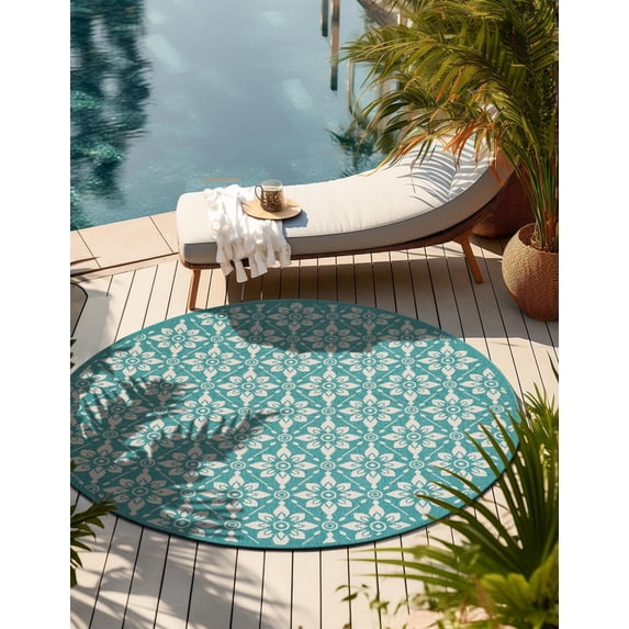 Unique Loom Outdoor Trellis Collection Area Rug - Tiles (5' 1" Round Teal/Ivory)