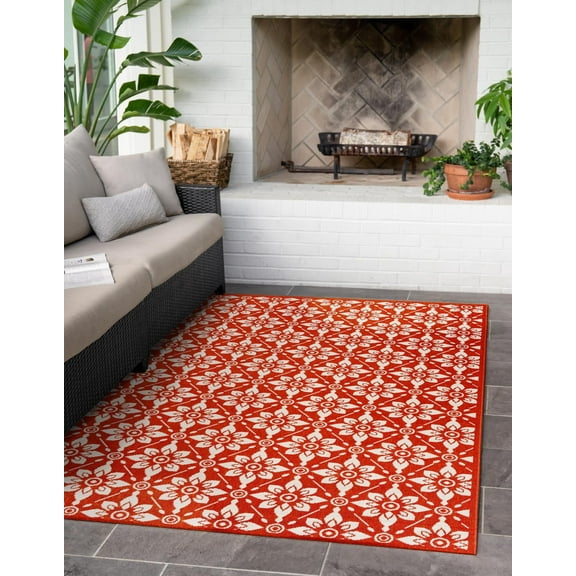 Unique Loom Outdoor Trellis Collection Area Rug - Tiles (5' 1" x 8' Rectangle Rust Red/Ivory)