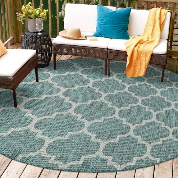 Unique Loom Outdoor Trellis Collection Area Rug (5' 3" Round Teal/Gray)