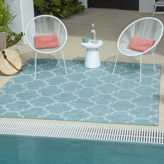 Unique Loom Outdoor Trellis Collection Area Rug (5' 3" Square Aquamarine/Gray)